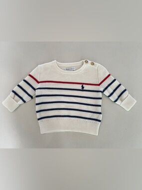 Ralph Lauren Cream Knit Baby Sweater with Navy & Red Stripes